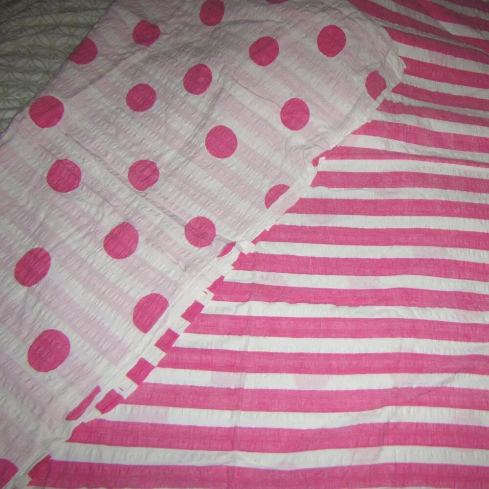 Reversible Euro Pink White Seersucker Strips Dots Cotton Single Duvet Cover
